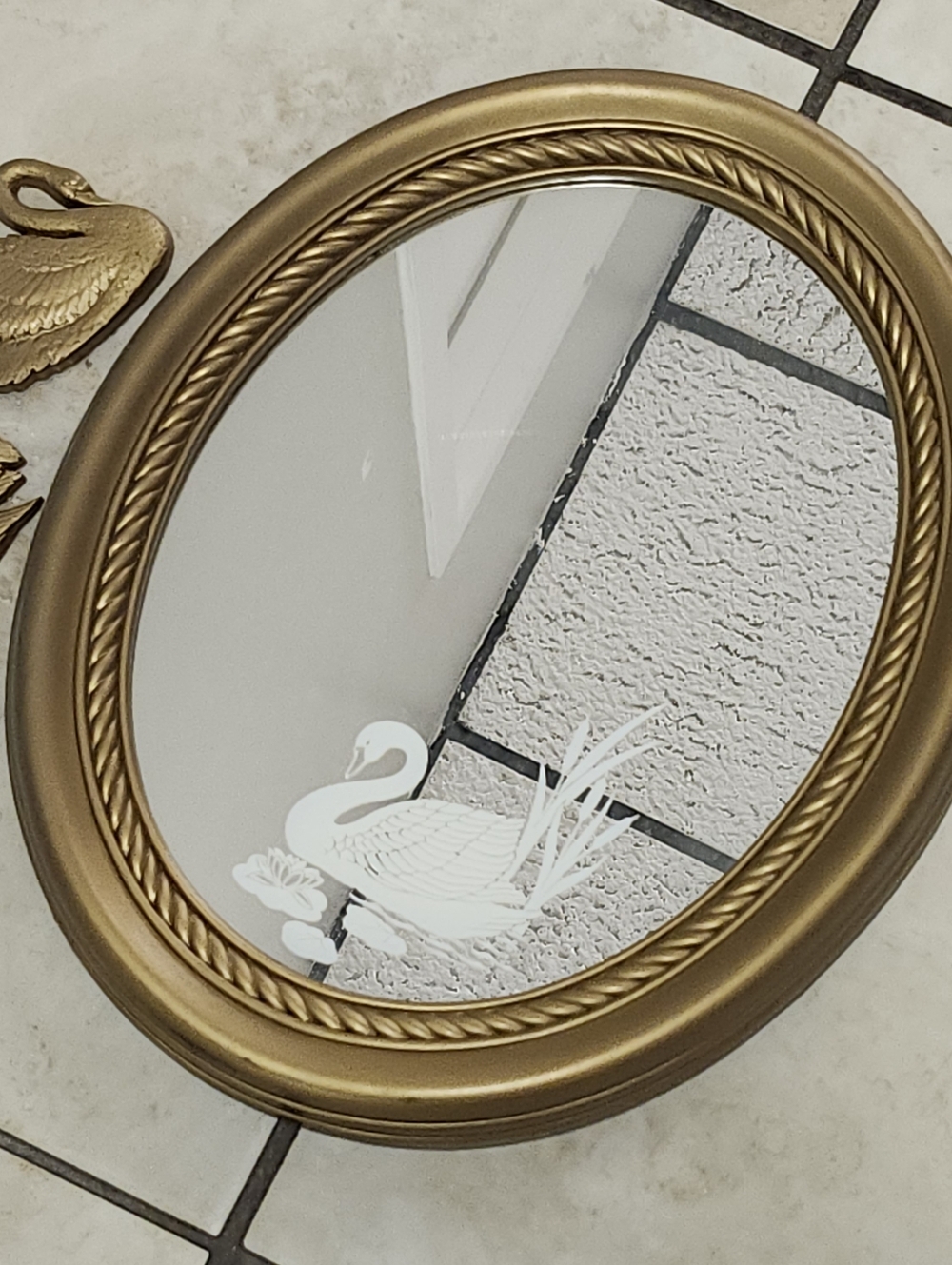 Vintage 15" wall Mirror Oval gold etched swan & wall art figures